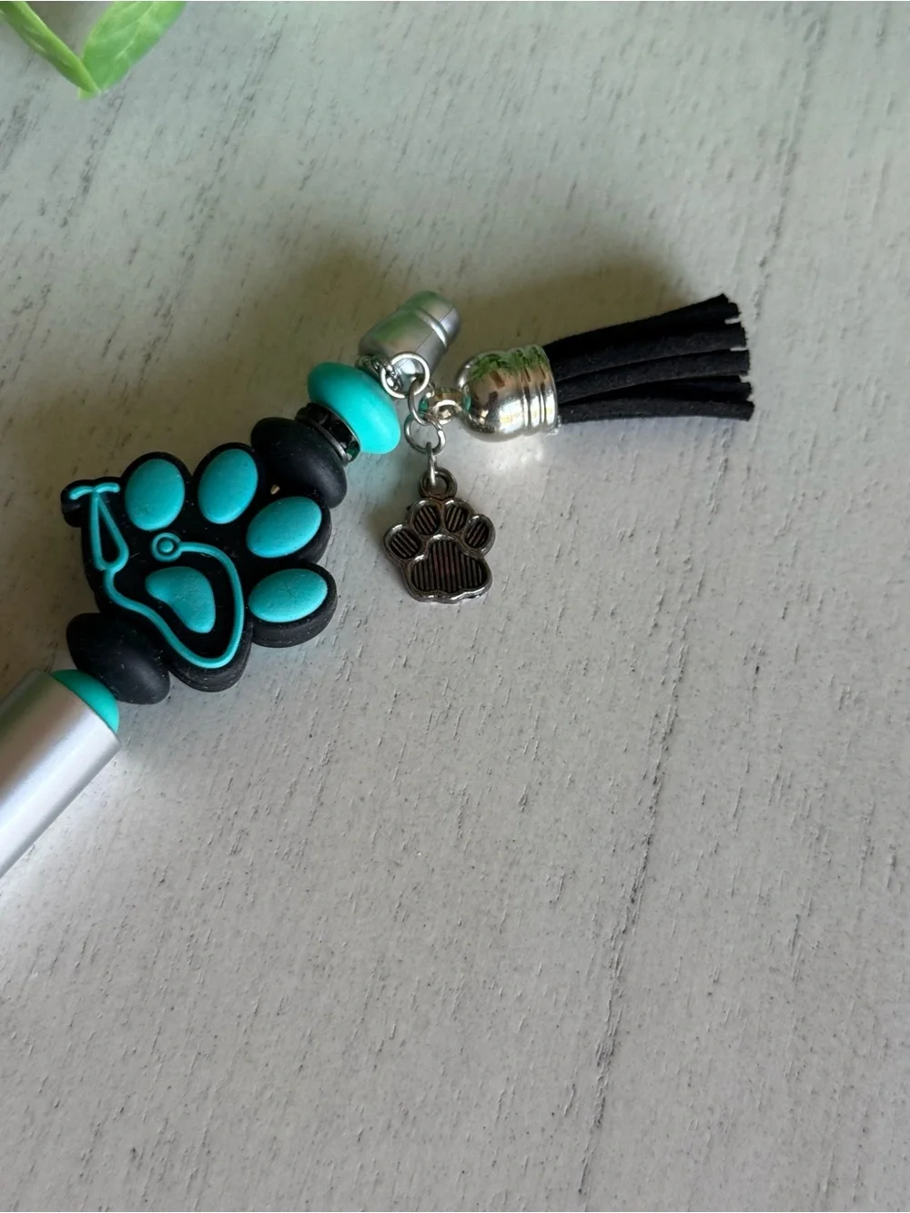 Silver Pen with Turquoise Paw Charm and Tassel - Pet Lover Accent